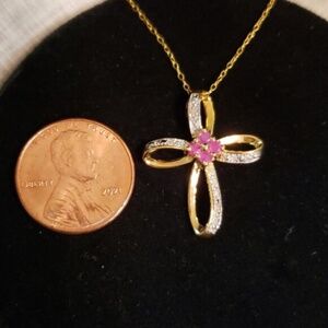 Infinity Cross Pendant, gold vermeil JJT 925 w/ natural diamond & rubies
